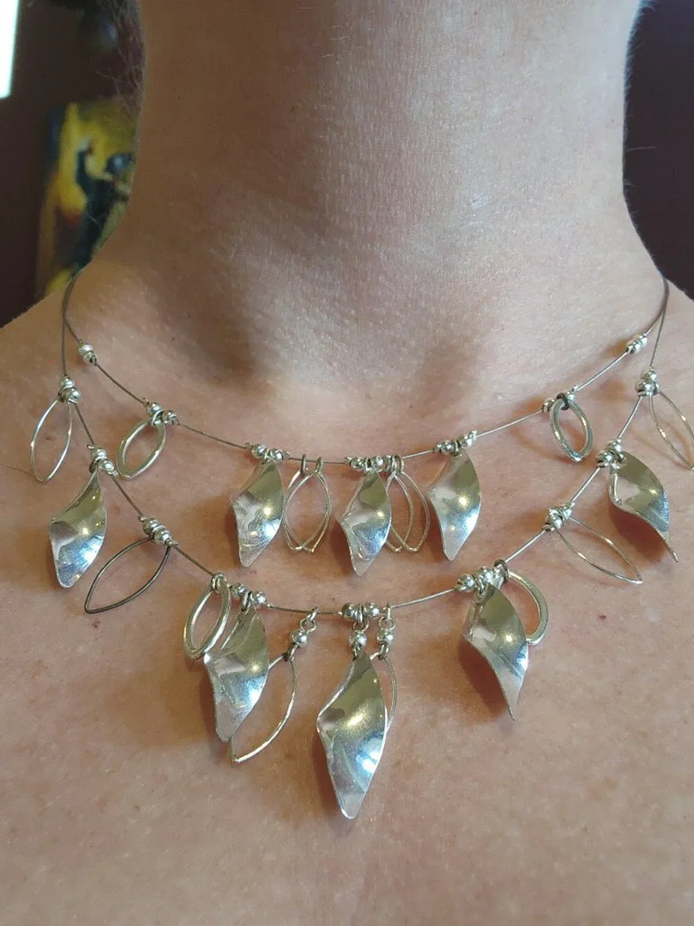 Double Layer Silver Spiral and Marquis Drop Statement Dressy Necklace